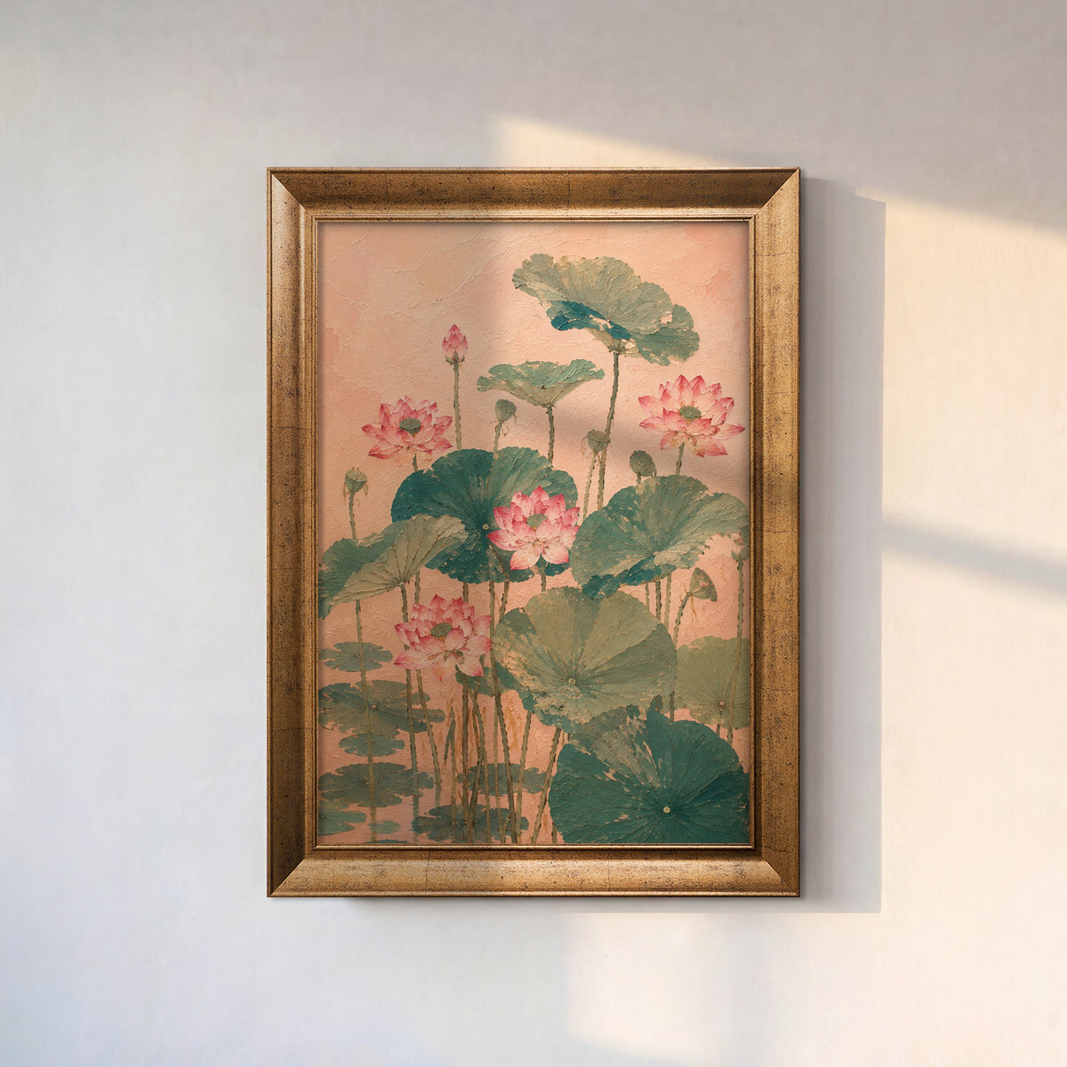 Pembe Zeminde Lotuslar – Vintage Botanik Kanvas Tablo