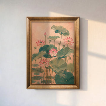 Pembe Zeminde Lotuslar – Vintage Botanik Kanvas Tablo