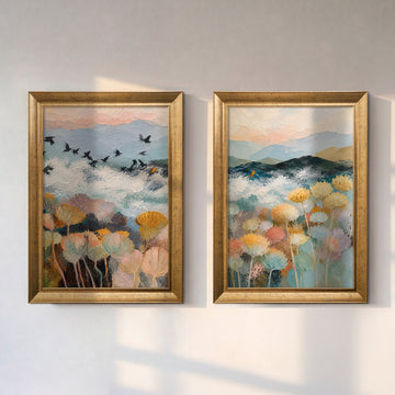 Pastel Dağlar ve Çiçekler İkili Kanvas Tablo Seti