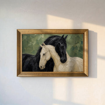 Siyah ve Beyaz Atlar Kanvas Tablo – Yeşil Zemin Yağlı Boya Duvar Sanatı