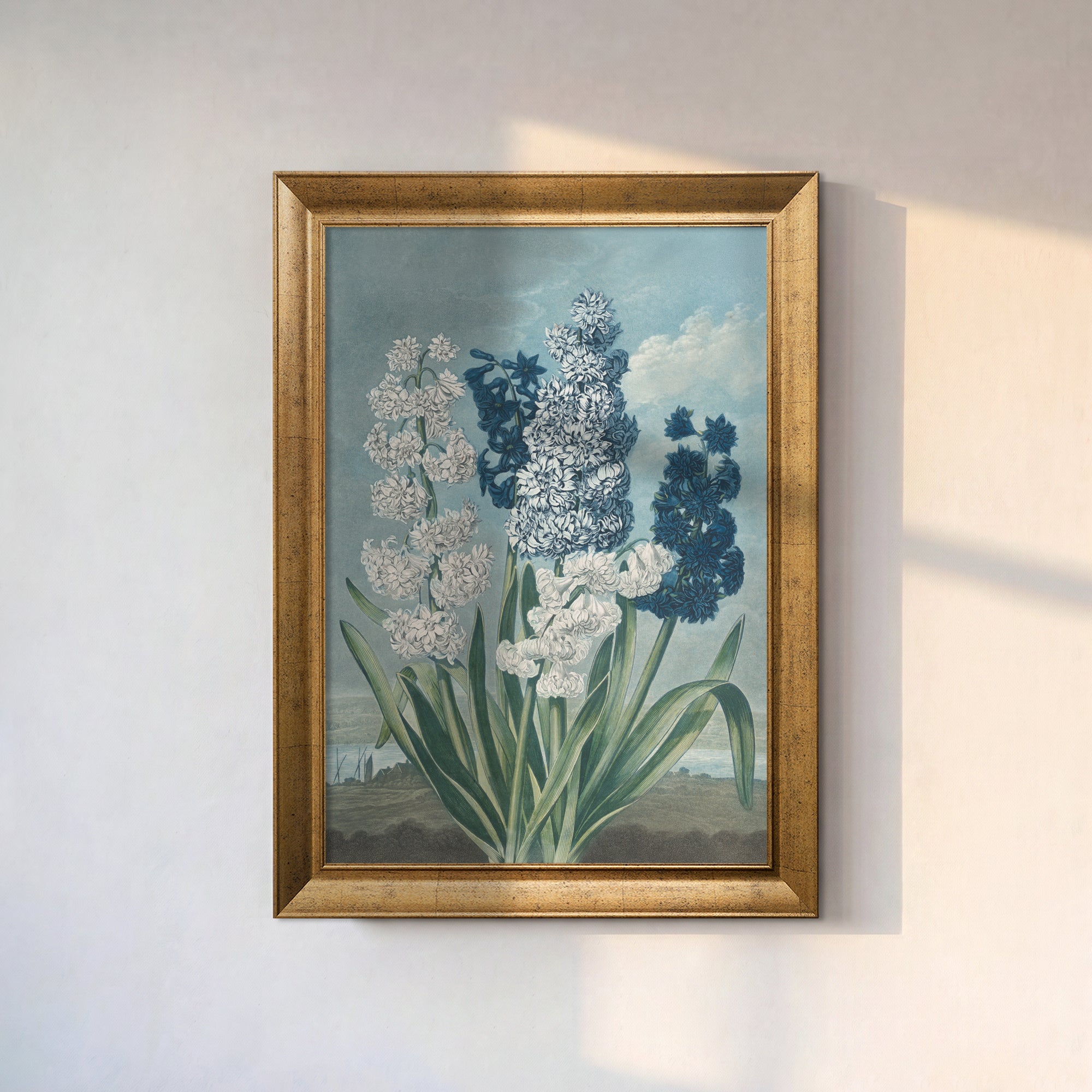 Vintage Sümbül Çiçekleri Kanvas Tablo – Mavi Tonlu Botanik Dekoratif Duvar Tablosu