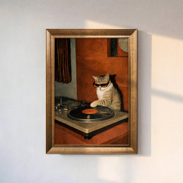 DJ Kedi Kanvas Tablo – Plak Çalan Güneş Gözlüklü Kedi Duvar Sanatı