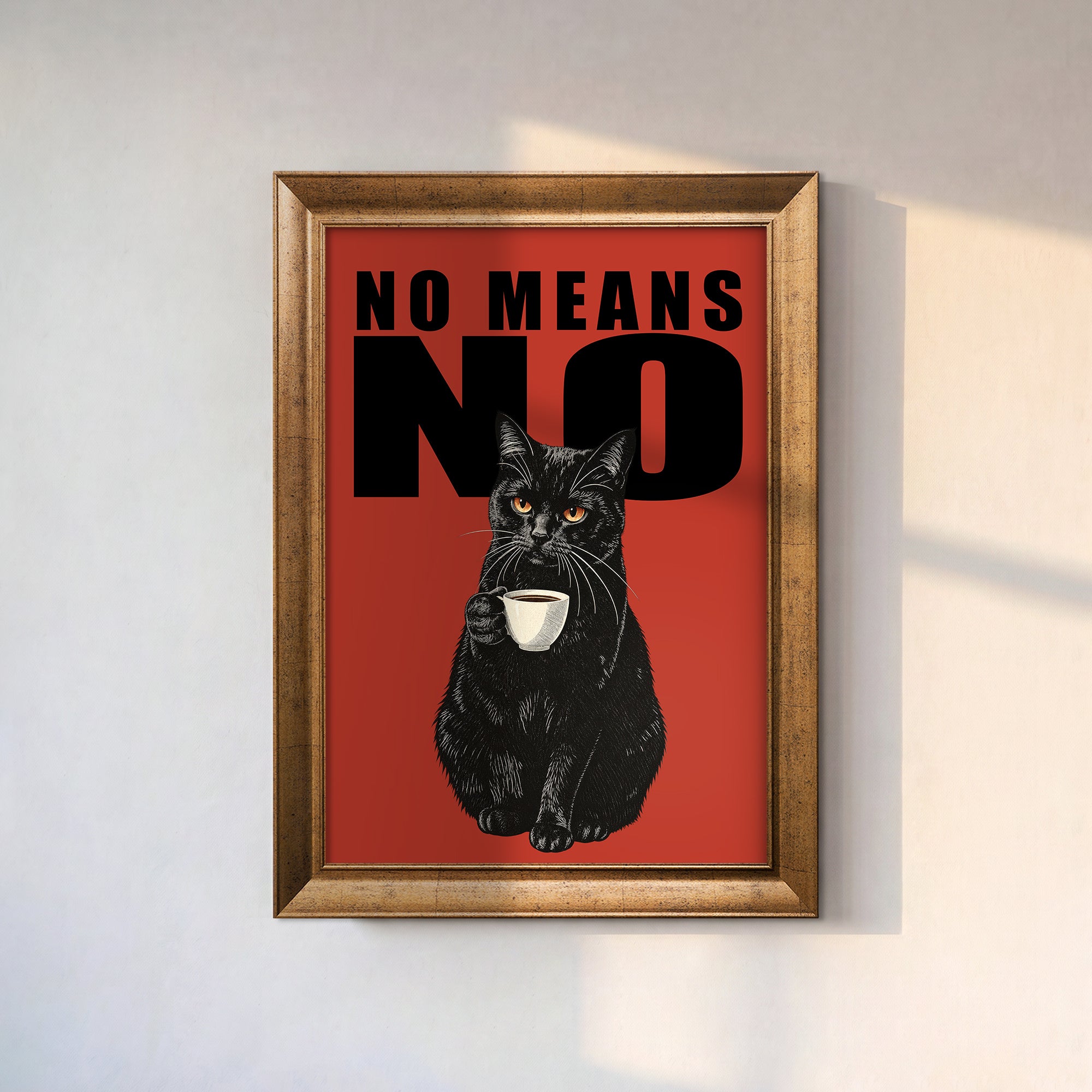 No Means No Siyah Kedi Kanvas Tablo – Mizahi Tipografik Duvar Sanatı