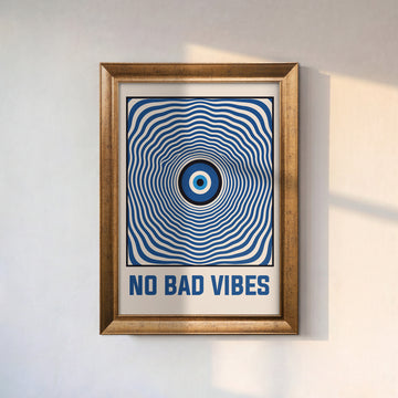 No Bad Vibes Nazar Gözü Kanvas Tablo – Mavi Retro Tipografik Duvar Sanatı