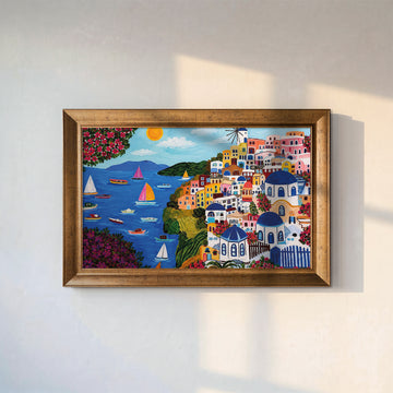 Santorini Sahil Manzarası – Renkli Kanvas Tablo