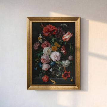 Koyu Zemin Çiçek Buketi Poster – Vintage Floral Dekoratif Duvar Posteri