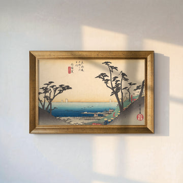 Japon Sahil Manzarası Kanvas Tablo – Vintage Ukiyo-e Tarzı Deniz ve Ağaç Duvar Dekoru