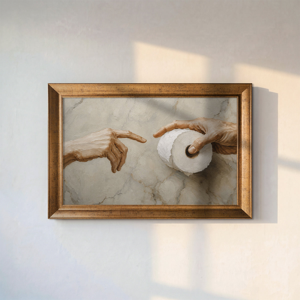 Tuvalet Kağıdı ve Michelangelo Elleri – Mizahi Klasik Sanat Kanvas Tablo
