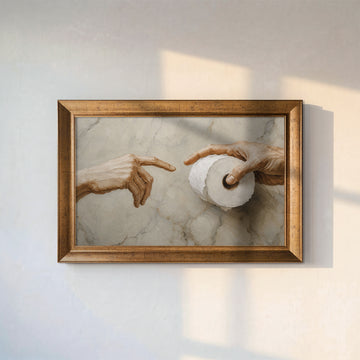 Tuvalet Kağıdı ve Michelangelo Elleri – Mizahi Klasik Sanat Kanvas Tablo