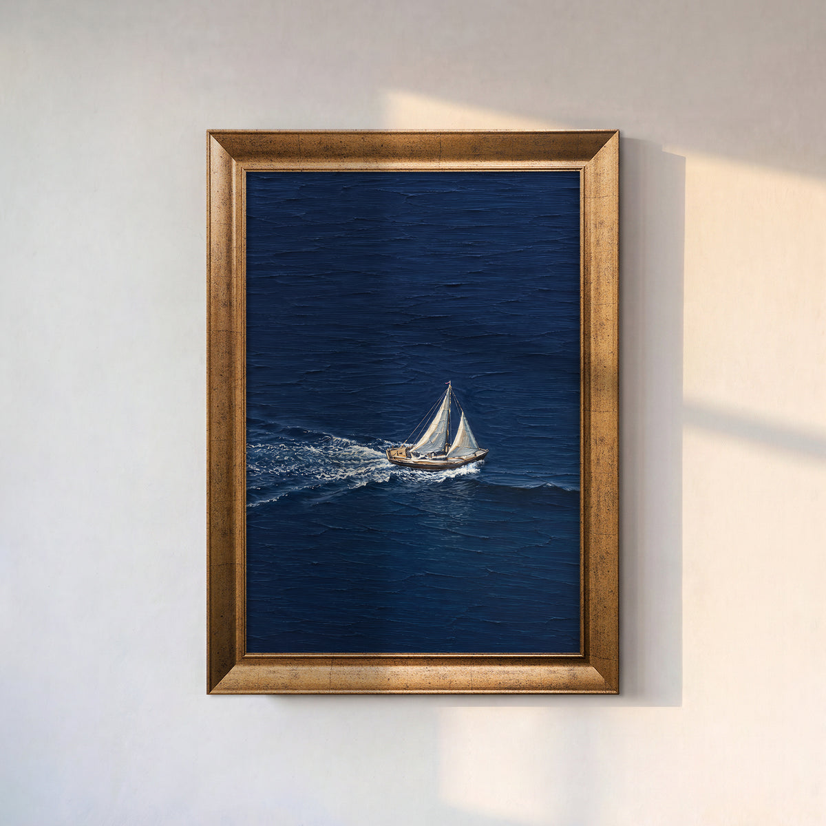 Lacivert Yelkenli Kanvas Tablo – Minimal Deniz Temalı Modern Dekoratif Duvar Tablosu
