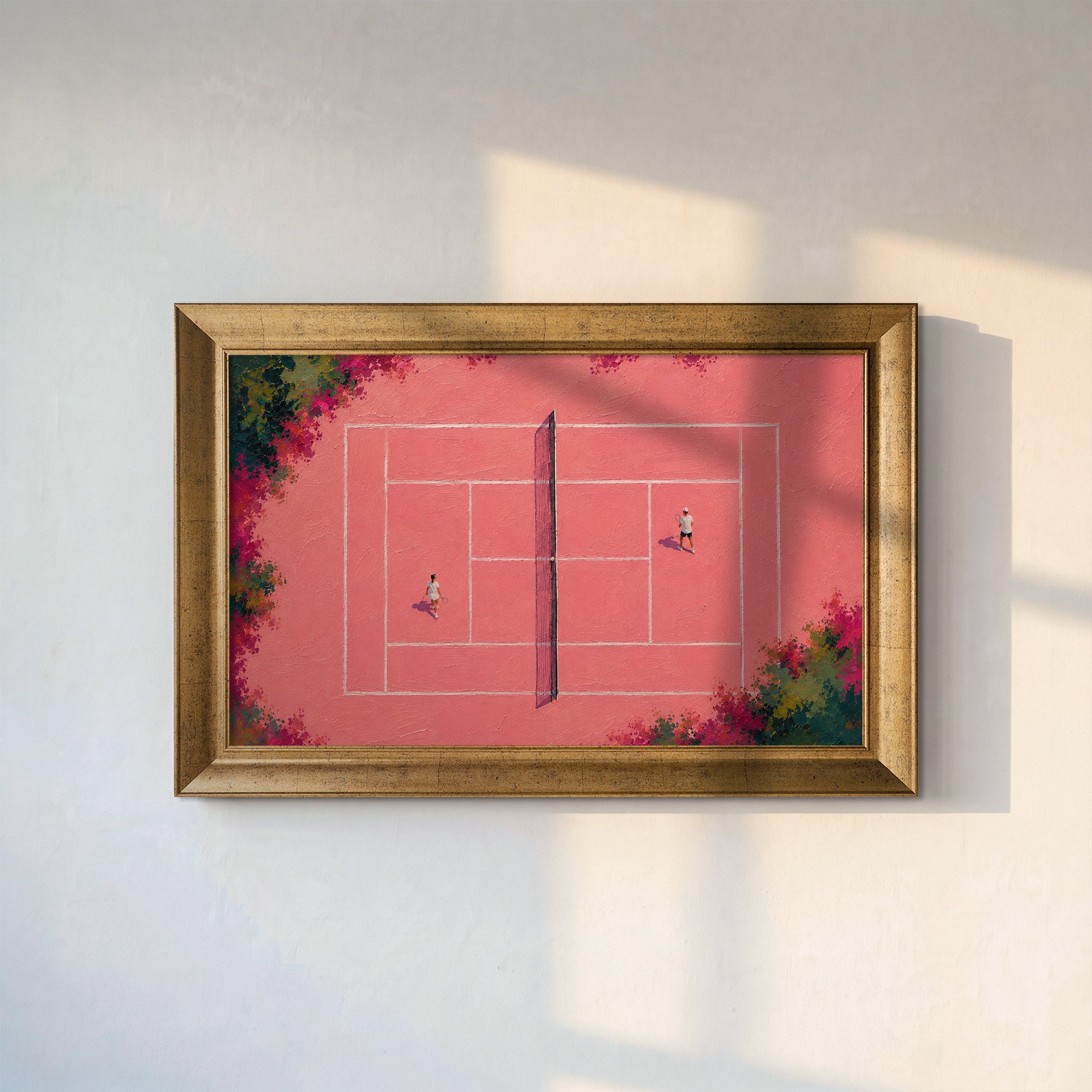 Pembe Tenis Kortu Kanvas Tablo – Yukarıdan Görünüm Modern Spor Temalı Duvar Tablosu
