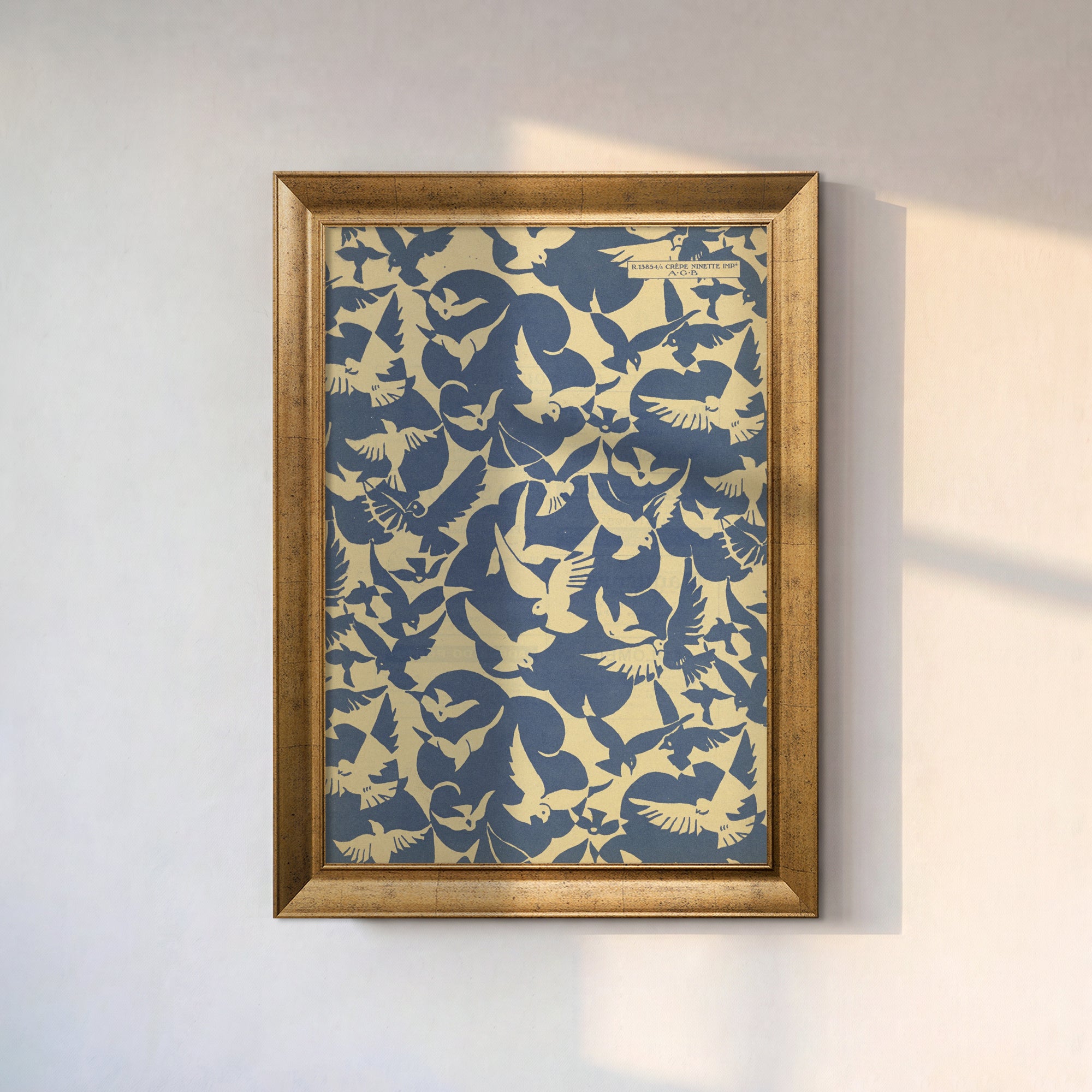 Kuş Desenli Poster – Vintage Mavi Bej Dekoratif Duvar Posteri