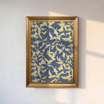 Kuş Desenli Poster – Vintage Mavi Bej Dekoratif Duvar Posteri
