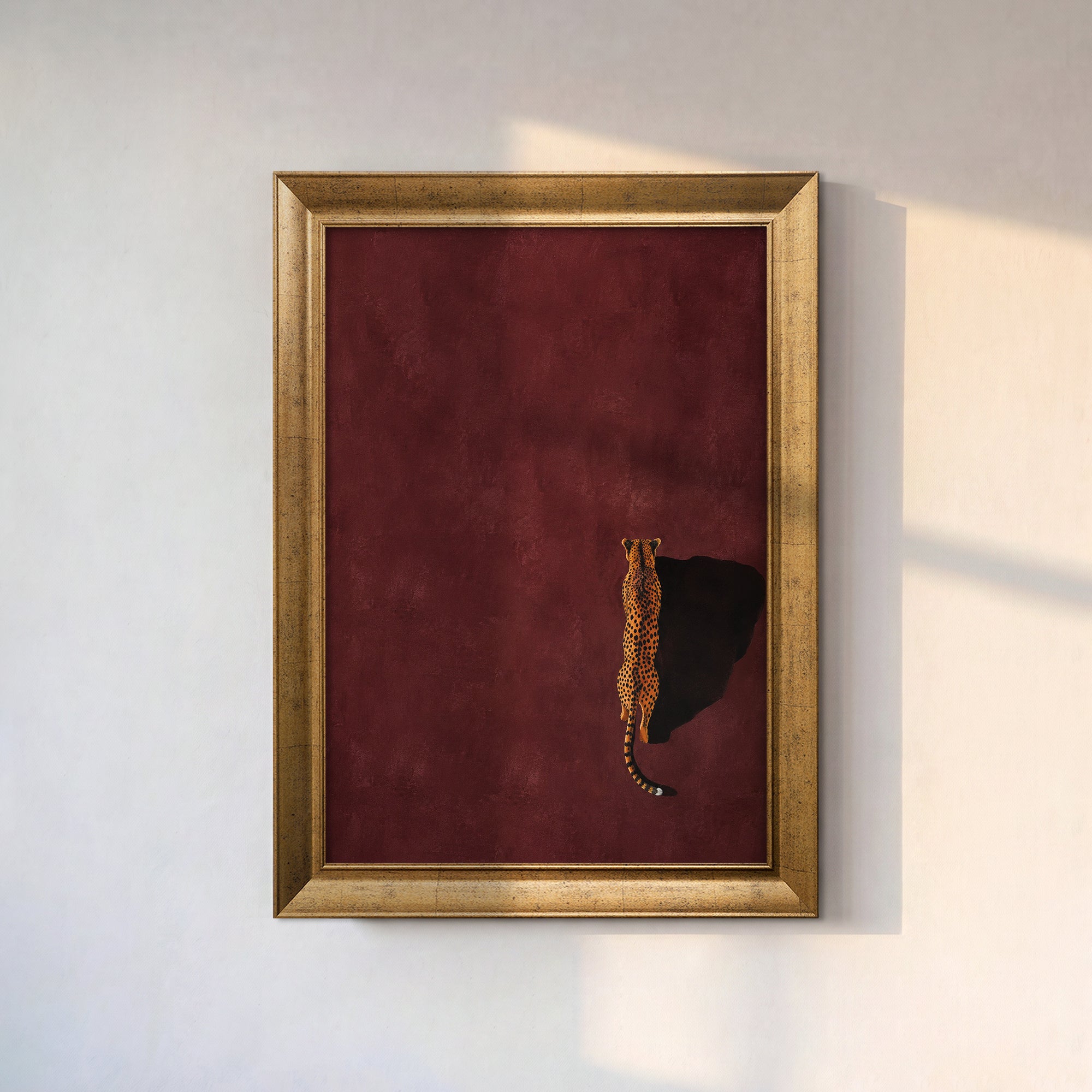Bordo Zeminde Leopar Kanvas Tablo – Minimal Safari Dekoratif Duvar Tablosu