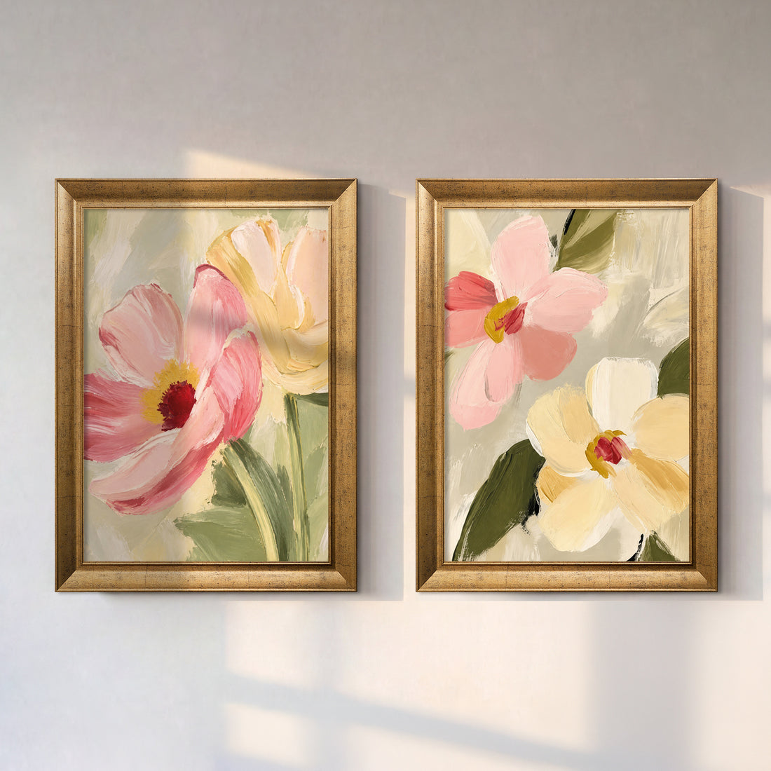 Pastel Çiçek İkili Kanvas Tablo Seti – Modern Floral Dekoratif Duvar Tablosu
