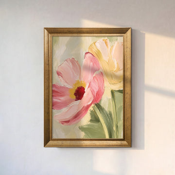 Pembe ve Sarı Çiçekler Kanvas Tablo – Pastel Fırça Dokulu Modern Floral Tablo