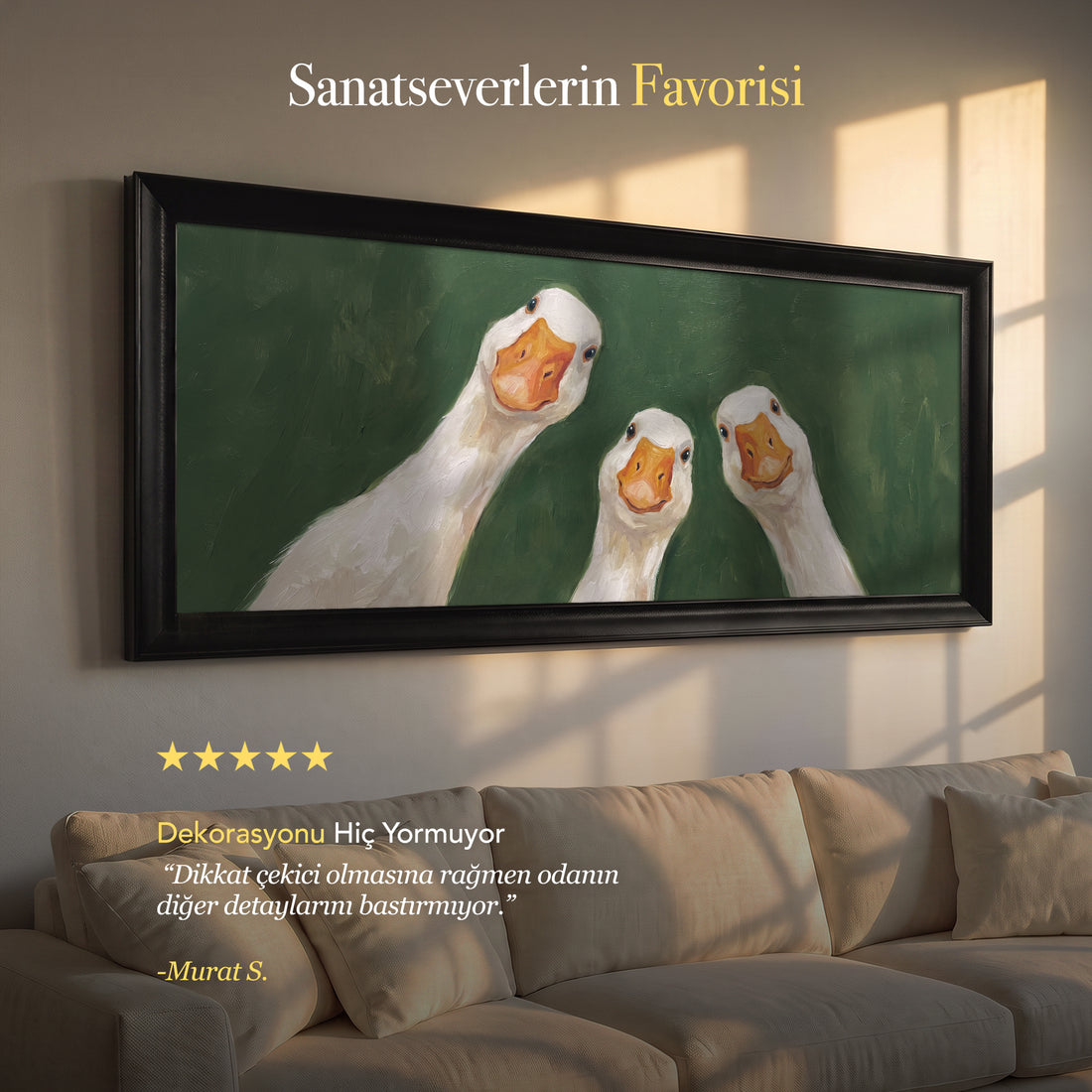 Üç Sevimli Kaz Portresi – Büyük Panoramik Kanvas Tablo