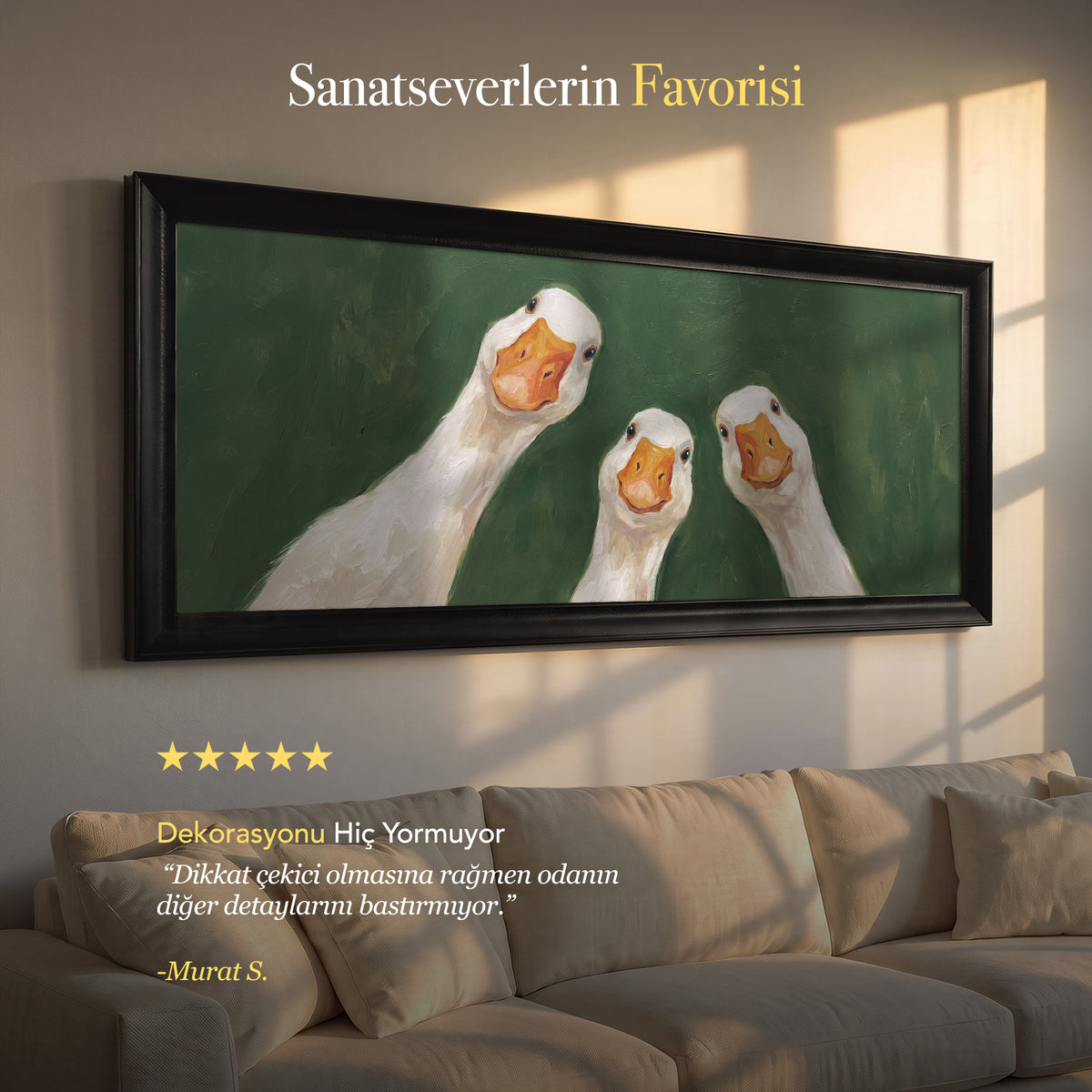 Üç Sevimli Kaz Portresi – Büyük Panoramik Kanvas Tablo