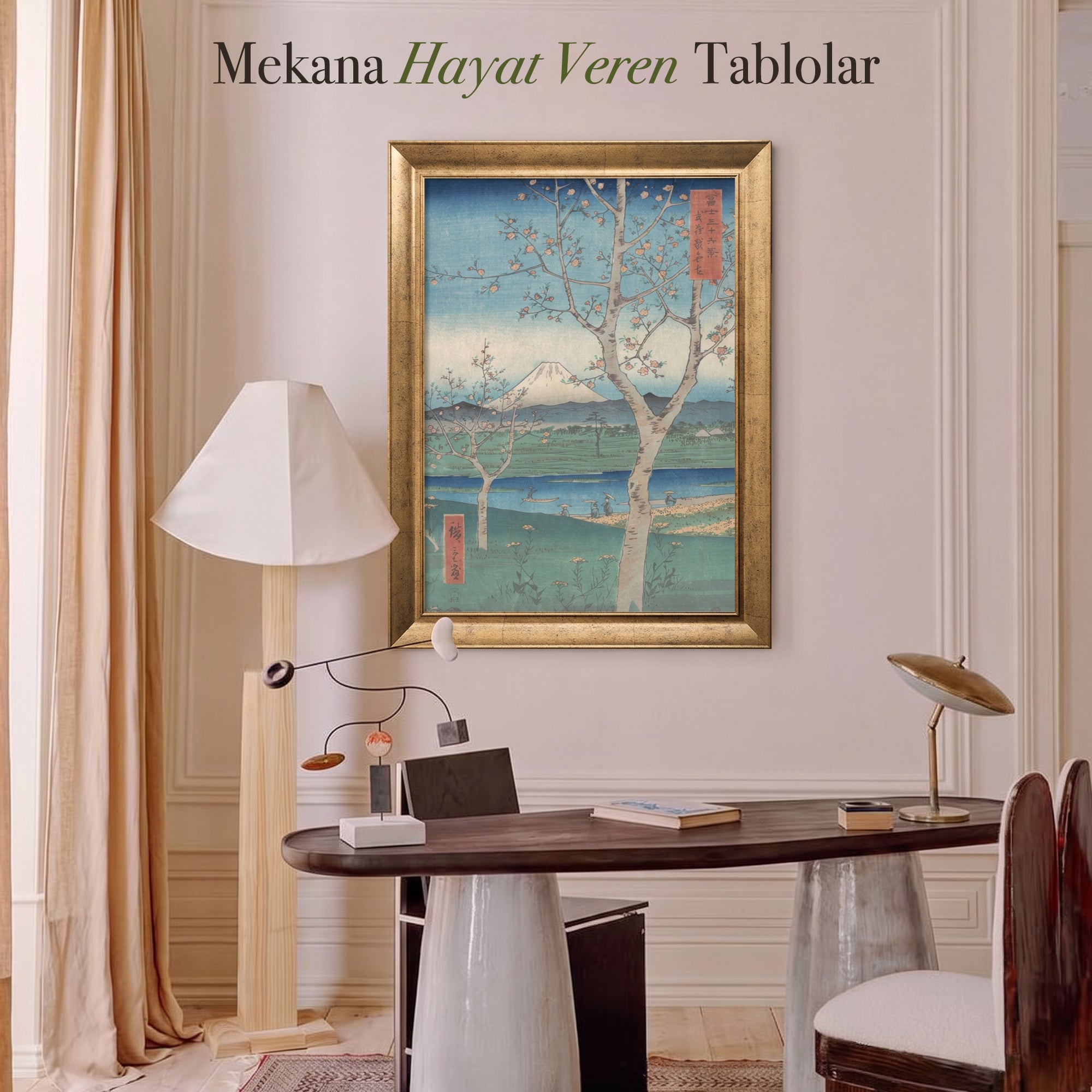 Fuji Dağı ve Sakura Ağaçları Poster – Japon Sanatı Temalı Vintage Duvar Posteri