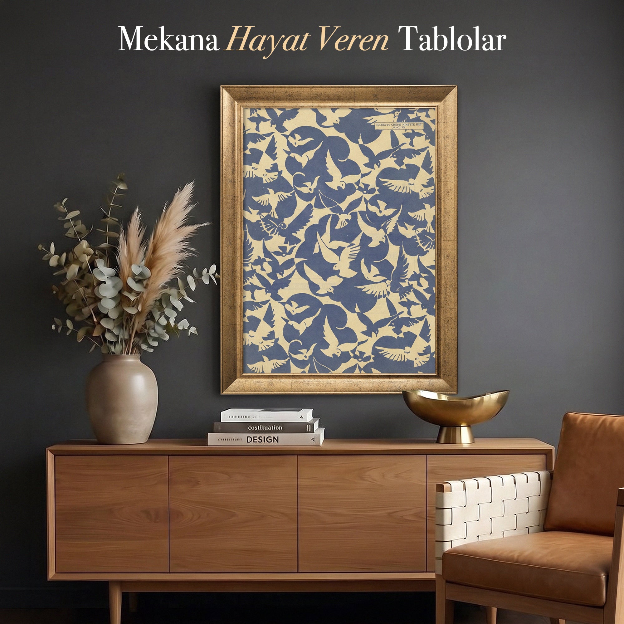 Kuş Desenli Poster – Vintage Mavi Bej Dekoratif Duvar Posteri