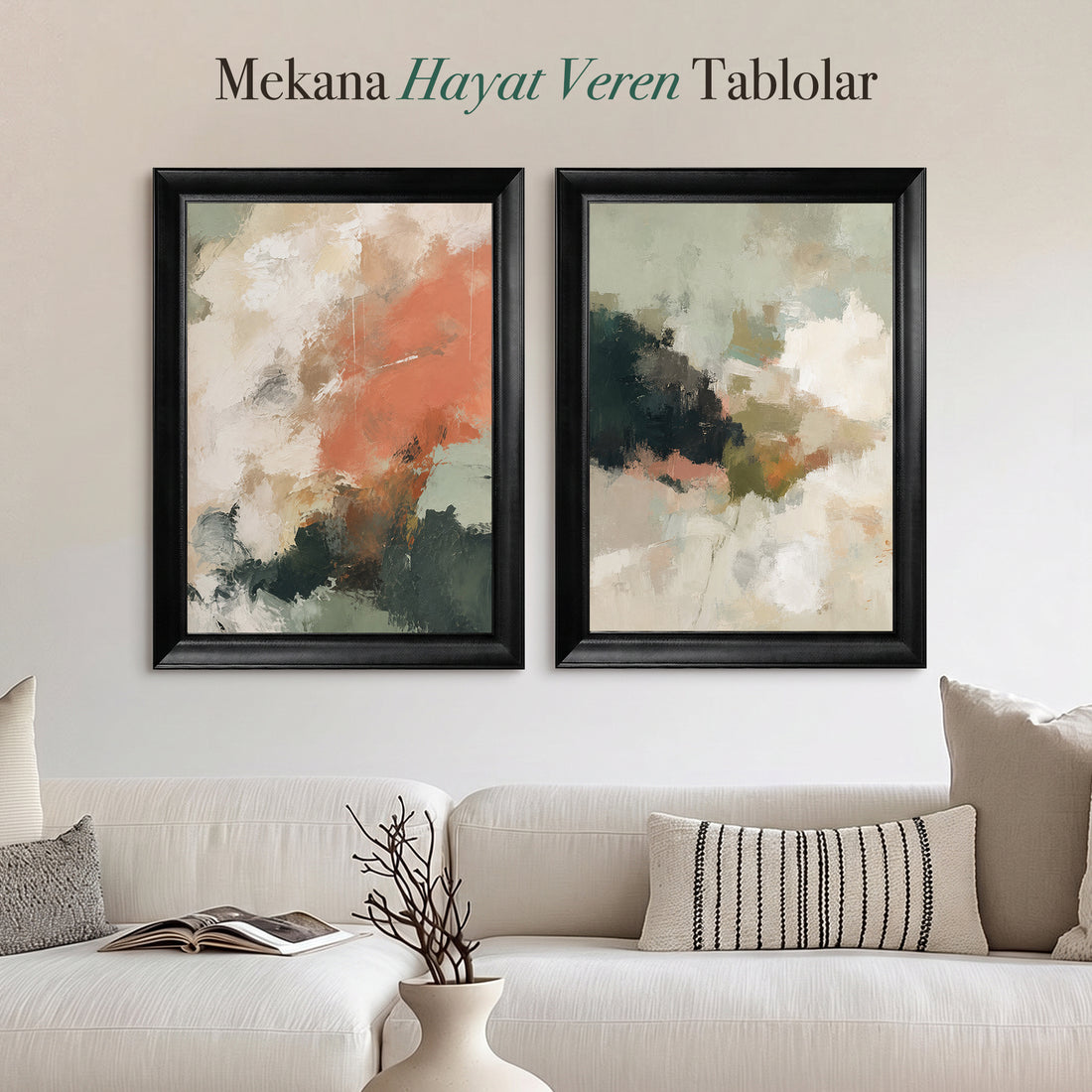 Terracotta ve Soft Yeşil Soyut İkili Kanvas Tablo Seti