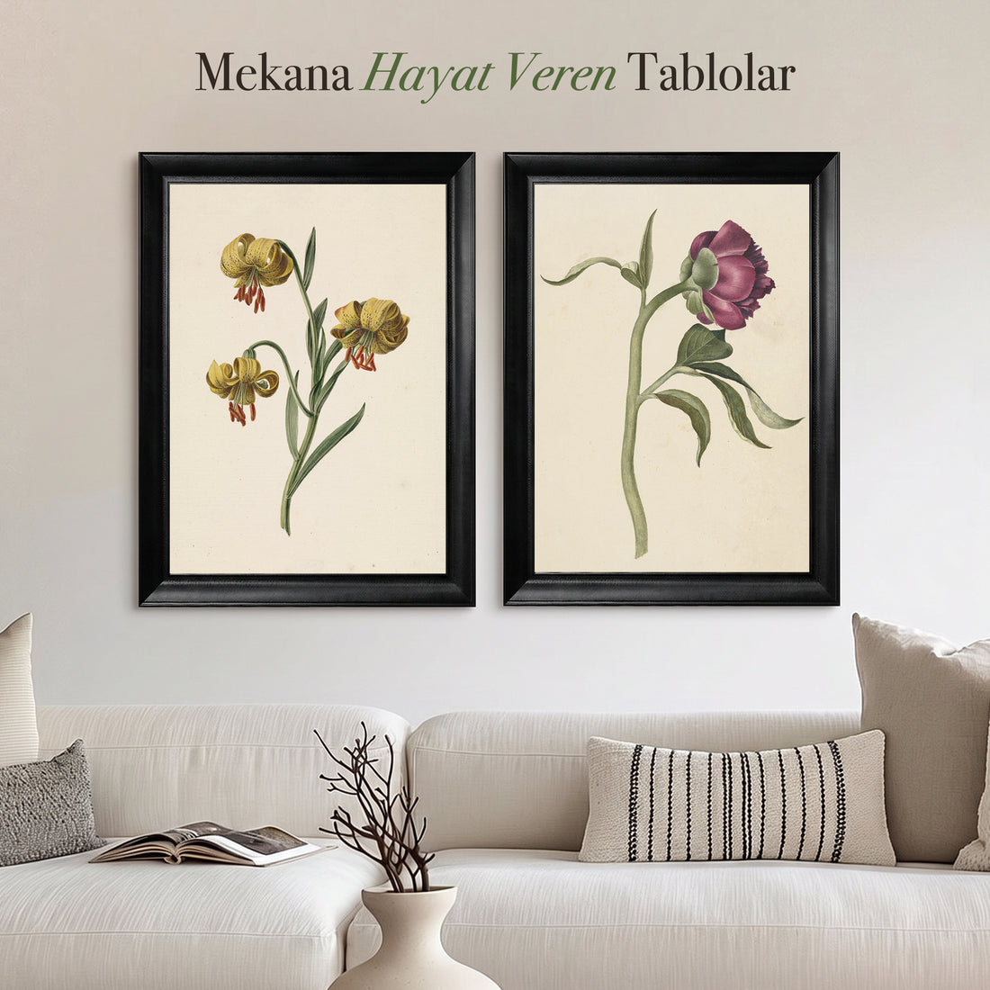 Vintage Botanik Çiçekler İkili Kanvas Tablo Seti – Krem Zemin Floral Duvar Sanatı