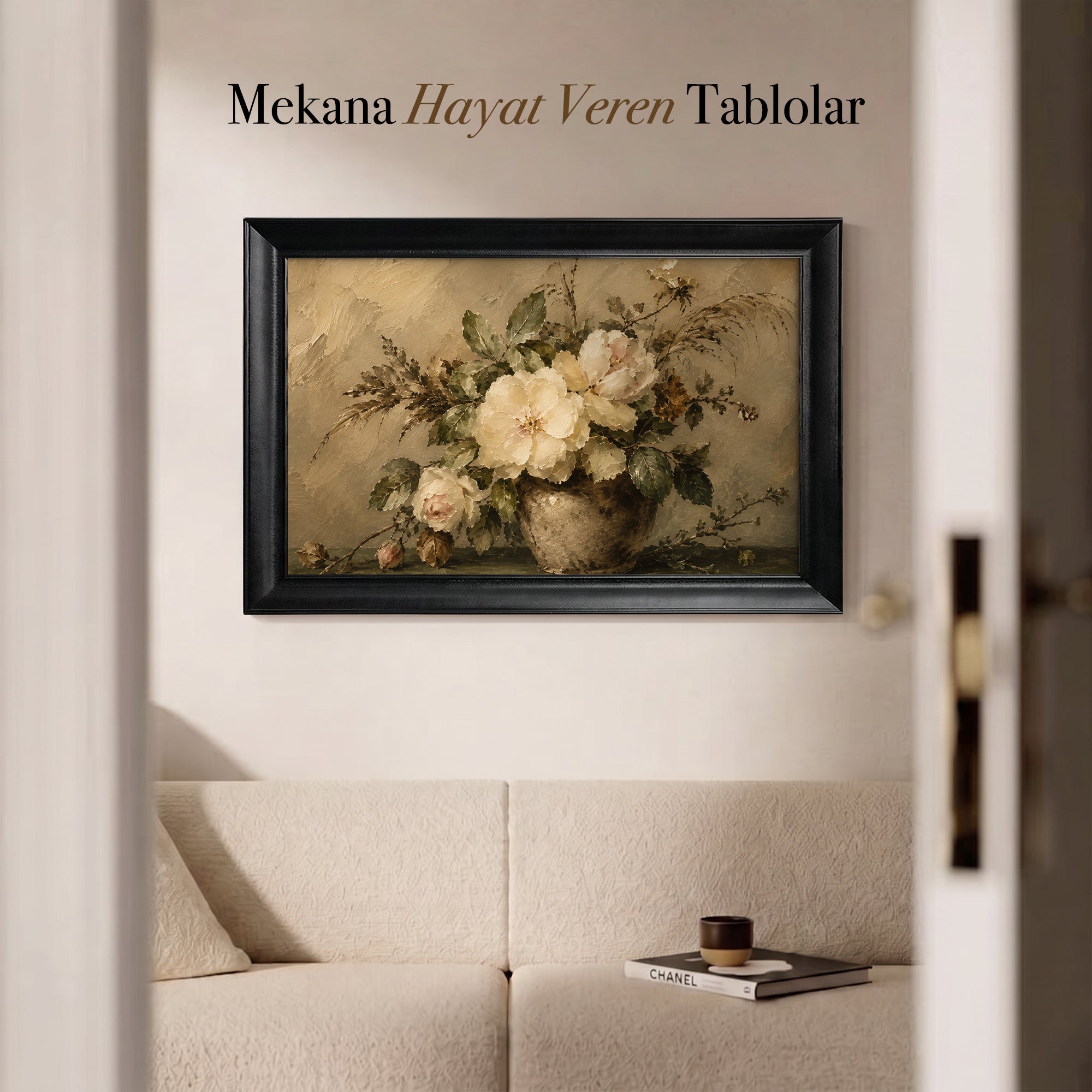 Vazoda Beyaz Çiçekler Kanvas Tablo – Vintage Çiçek Natürmort Duvar Sanatı