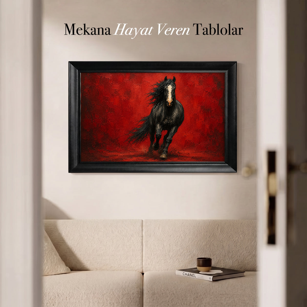 Kızıl Rüzgâr Kanvas Tablo – Koşan Siyah At Yağlı Boya Duvar Sanatı (Yatay)