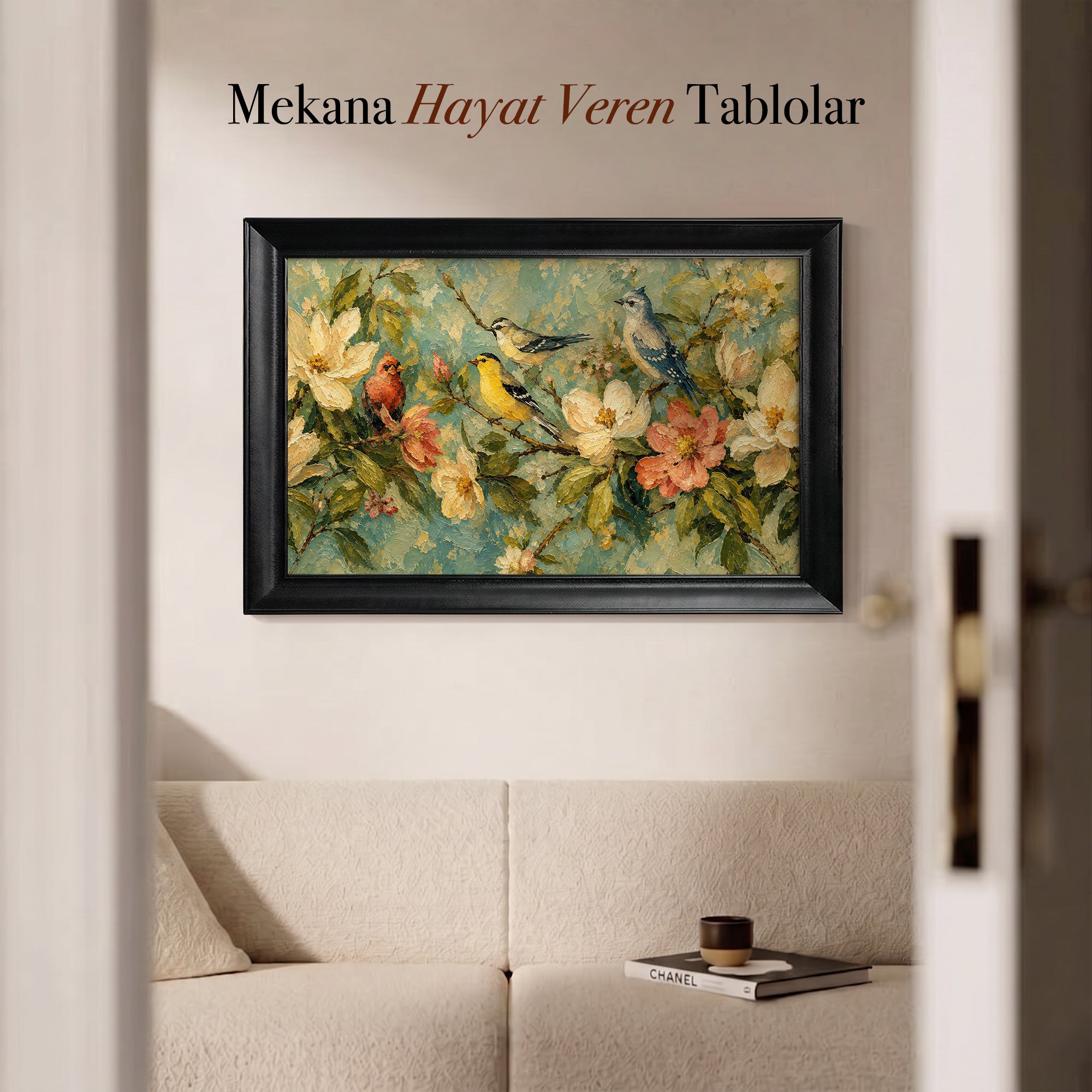 Çiçekler ve Kuşlar Kanvas Tablo – Vintage Botanik Duvar Sanatı