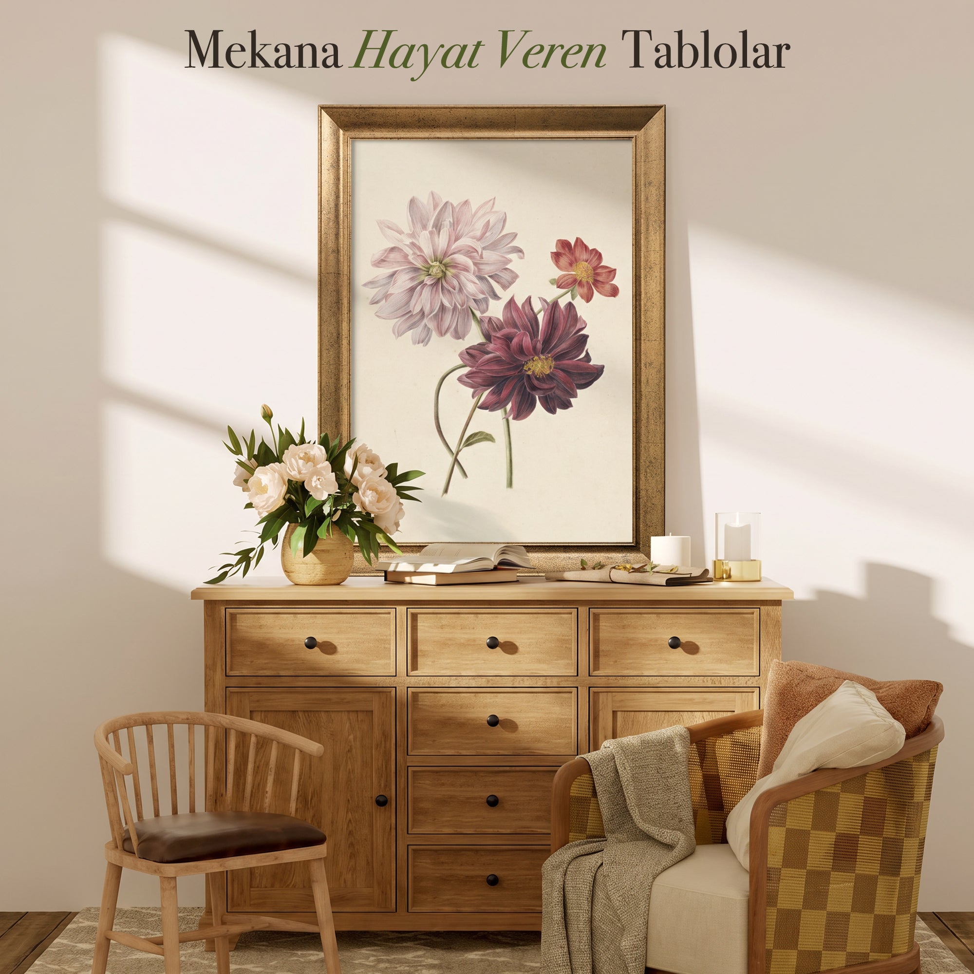 Dahlia Çiçekleri Poster – Vintage Botanik Dekoratif Duvar Posteri