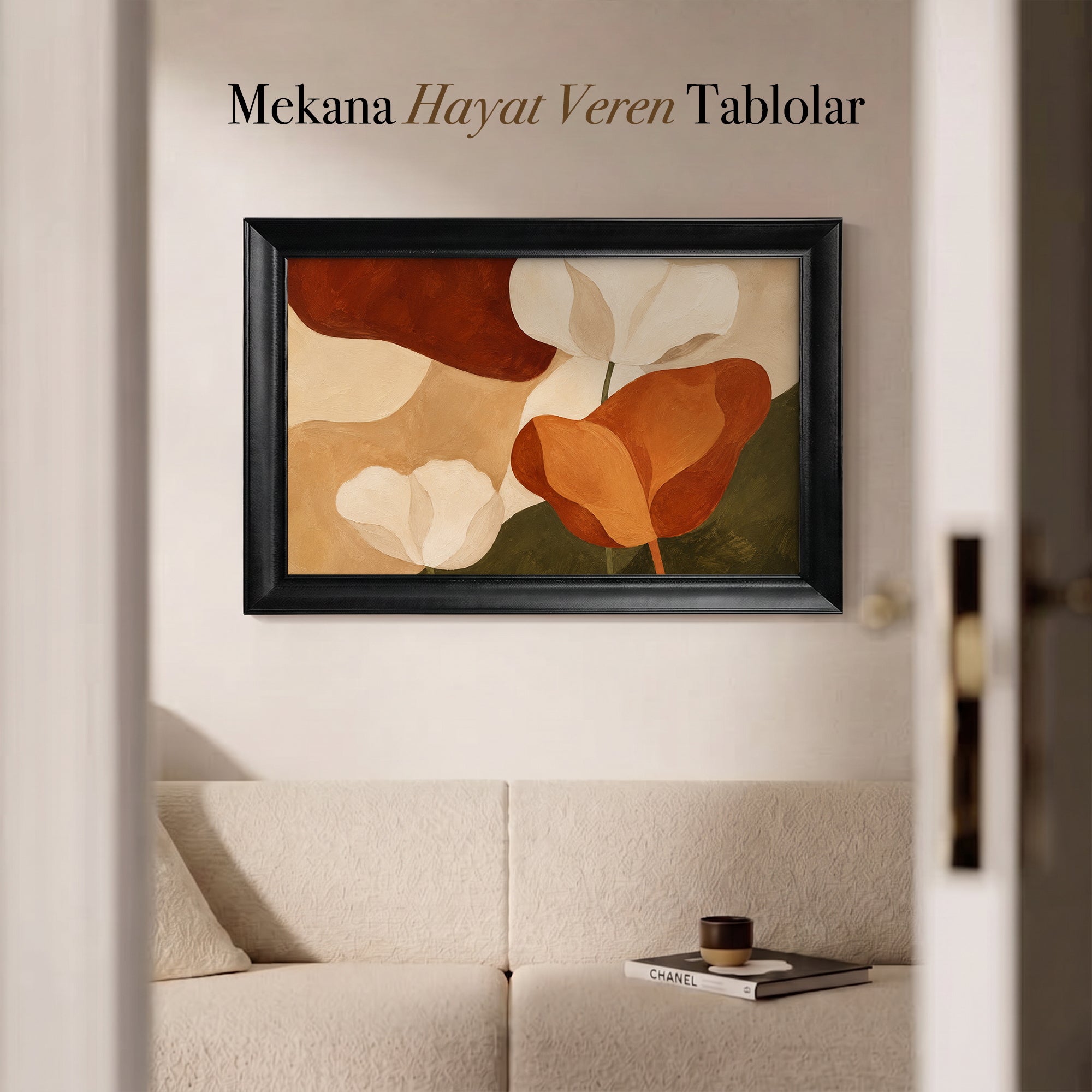 Soyut Laleler Kanvas Tablo – Turuncu ve Krem Modern Çiçek Duvar Sanatı