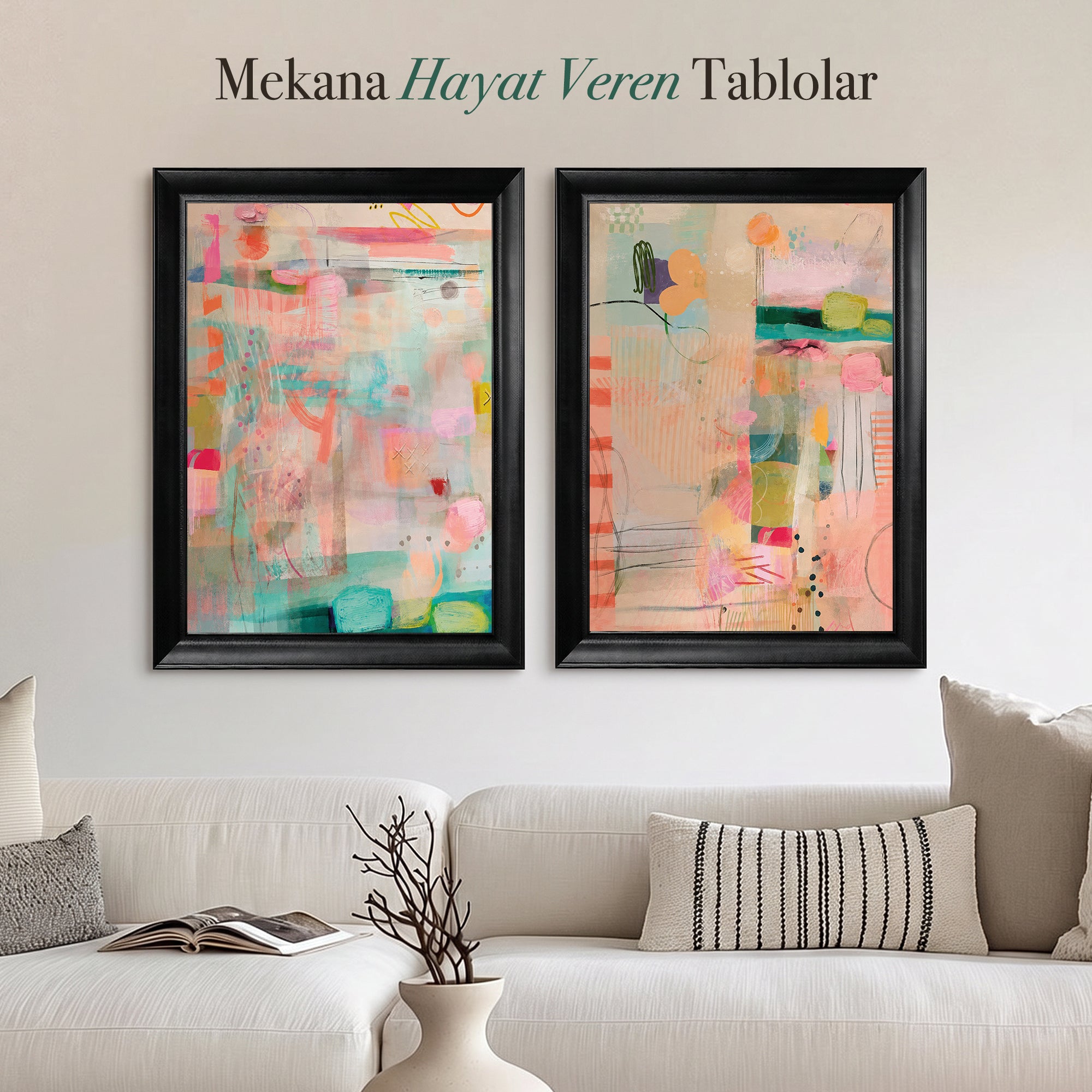 Pastel Soyut Kompozisyonlar İkili Kanvas Tablo Seti
