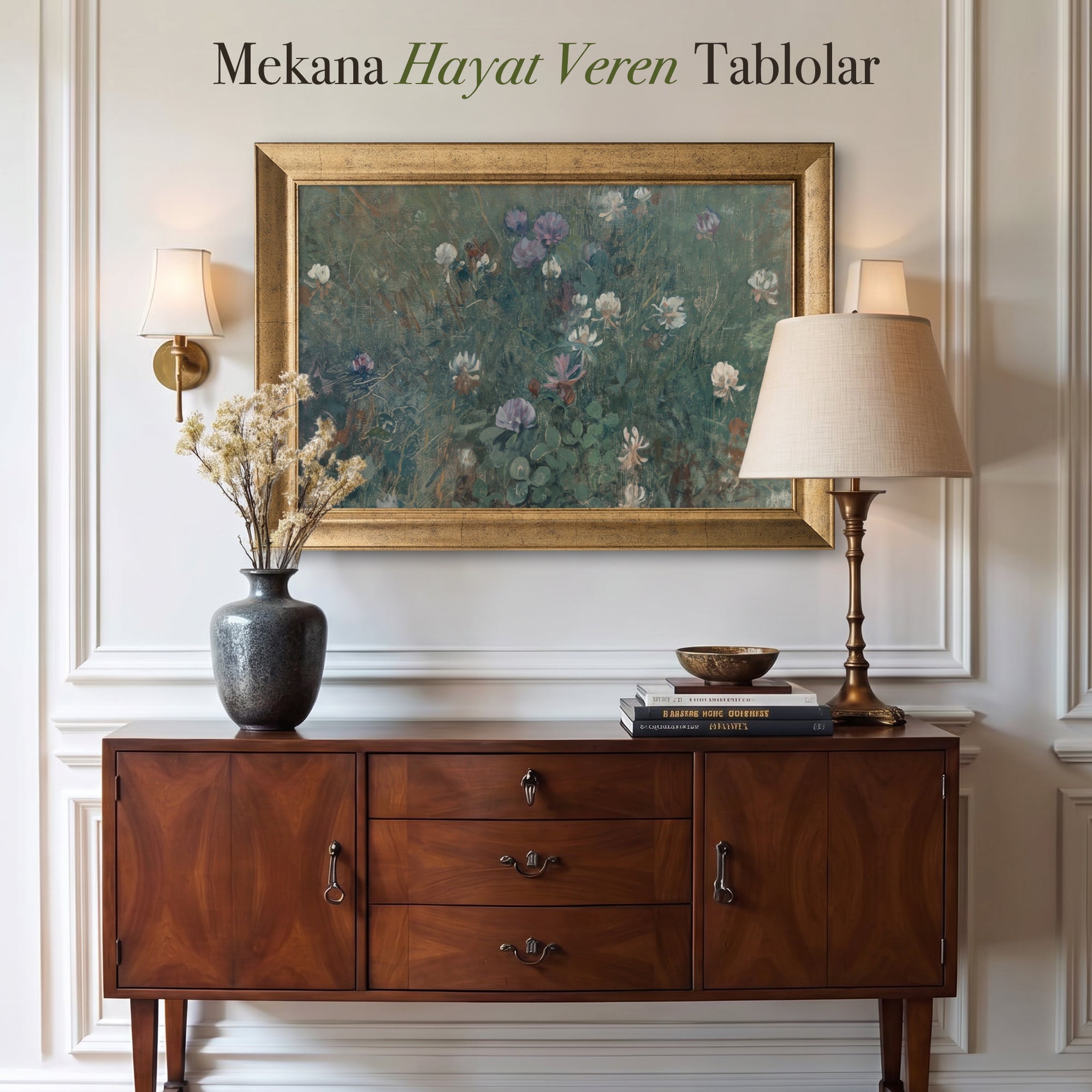 Yeşil Çiçek Bahçesi Poster – Vintage Floral Dekoratif Duvar Posteri