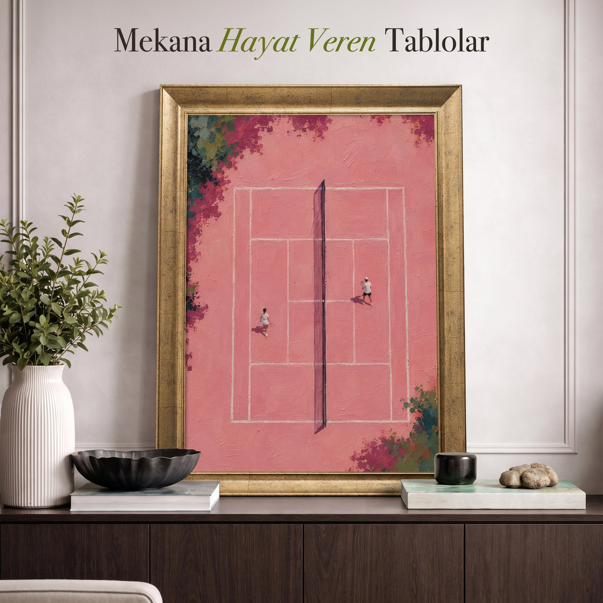 Pembe Tenis Kortu Kanvas Tablo – Modern Spor Temalı Dekoratif Tablo