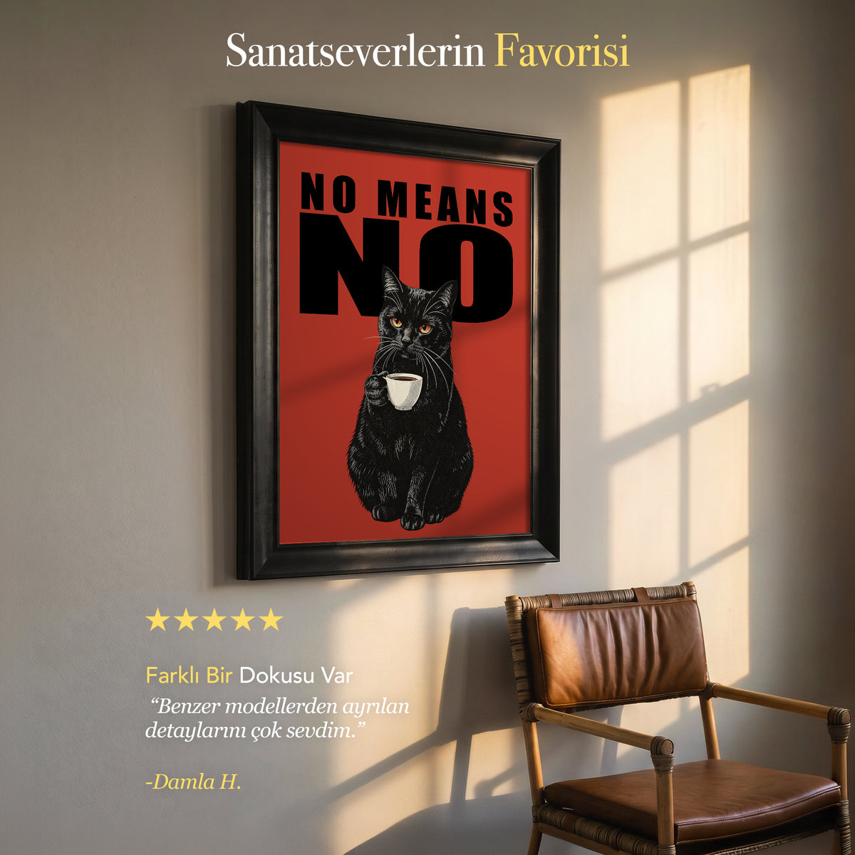 No Means No Siyah Kedi Kanvas Tablo – Mizahi Tipografik Duvar Sanatı