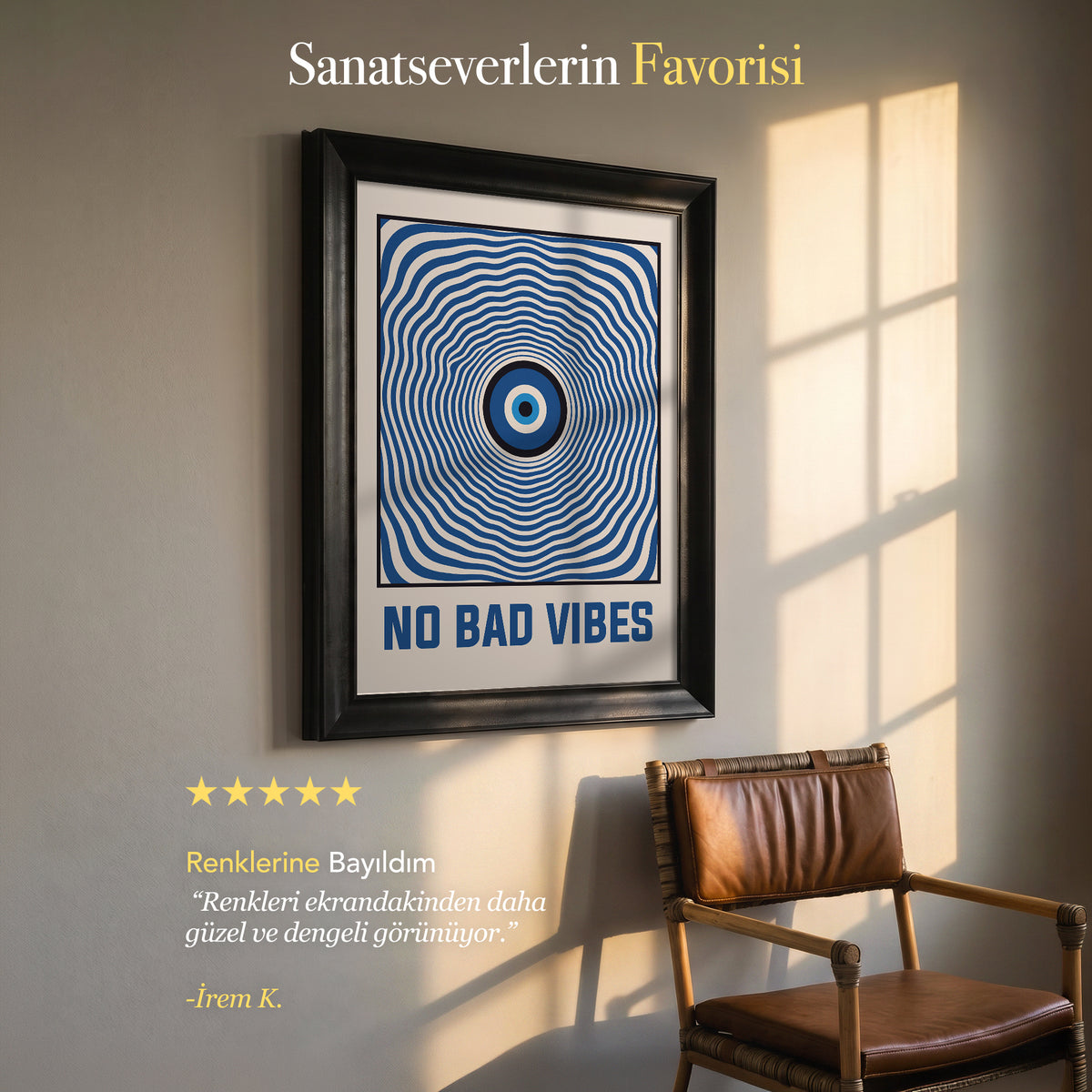 No Bad Vibes Nazar Gözü Kanvas Tablo – Mavi Retro Tipografik Duvar Sanatı