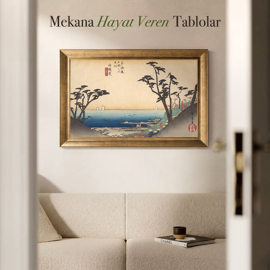 Japon Sahil Manzarası Kanvas Tablo – Vintage Ukiyo-e Tarzı Deniz ve Ağaç Duvar Dekoru