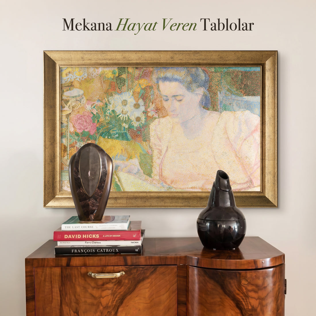 Çiçekler Arasında Kitap Okuyan Kadın Kanvas Tablo – Pointilist Tarzda Vintage Dekoratif Duvar Tablosu