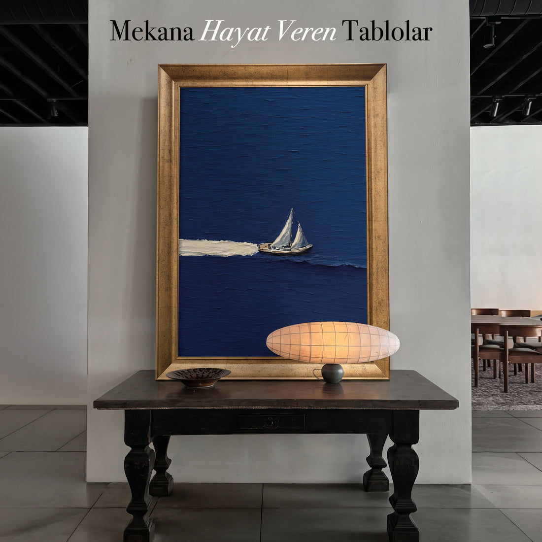 Lacivert Yelkenli Kanvas Tablo – Minimal Deniz Temalı Modern Dekoratif Duvar Tablosu