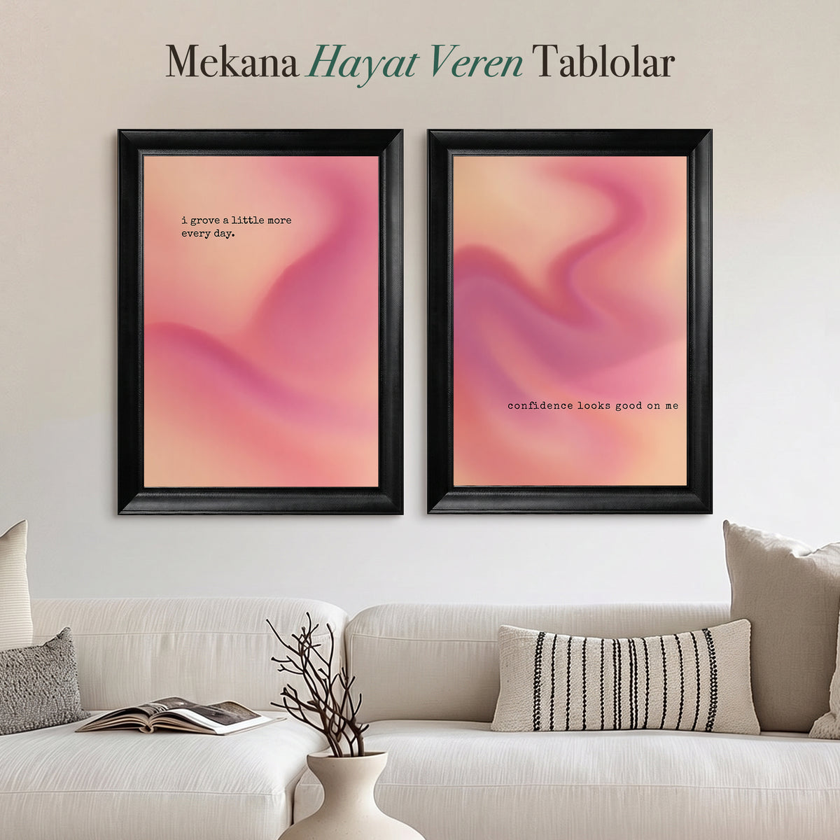 Pembe Motivasyon İkili Kanvas Tablo Seti