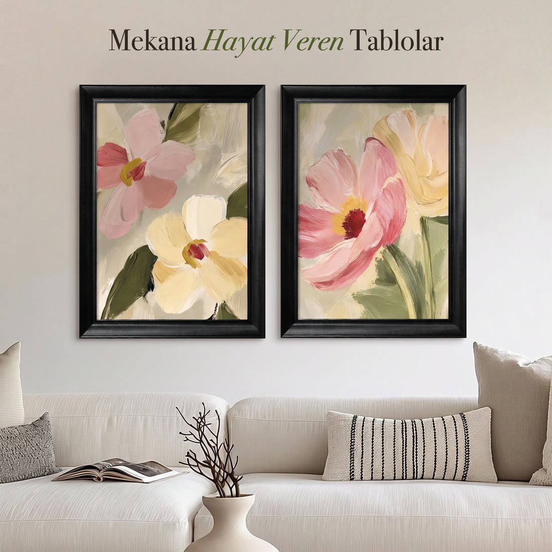 Pastel Çiçek İkili Kanvas Tablo Seti – Modern Floral Dekoratif Duvar Tablosu