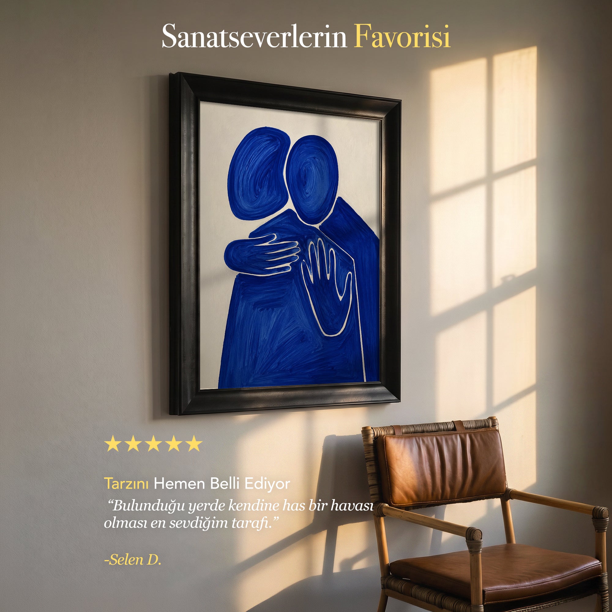 Mavi Sarılma Figürü – Minimal Soyut Kanvas Tablo (Dikey)
