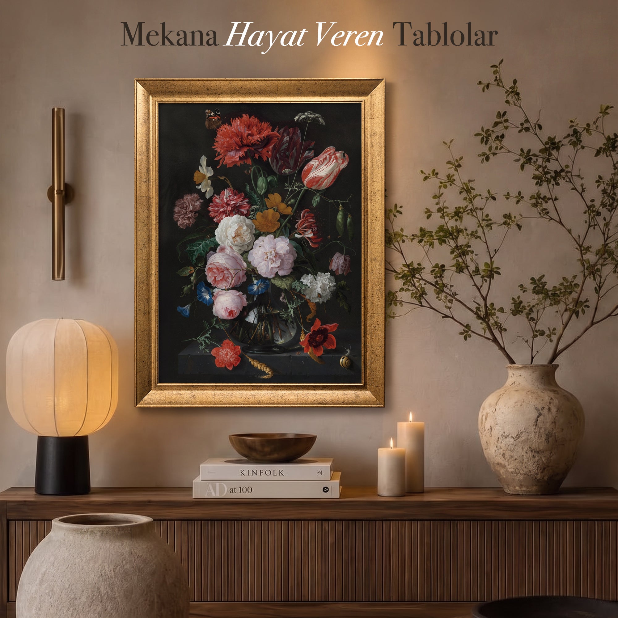 Koyu Zemin Çiçek Buketi Poster – Vintage Floral Dekoratif Duvar Posteri