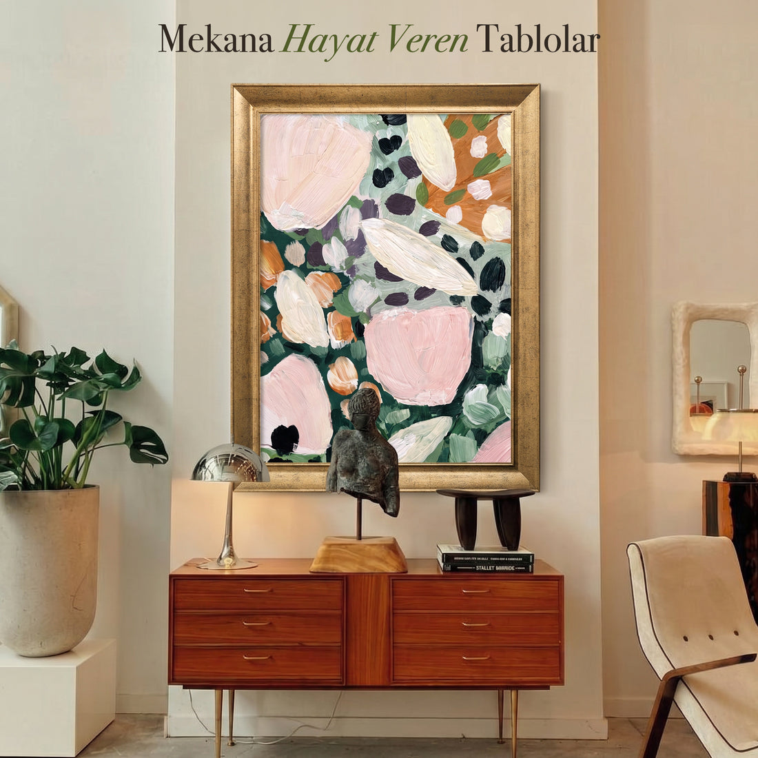 Pastel Çiçekler Kanvas Tablo – Pembe ve Yeşil Tonlarda Soyut Botanik Duvar Dekoru