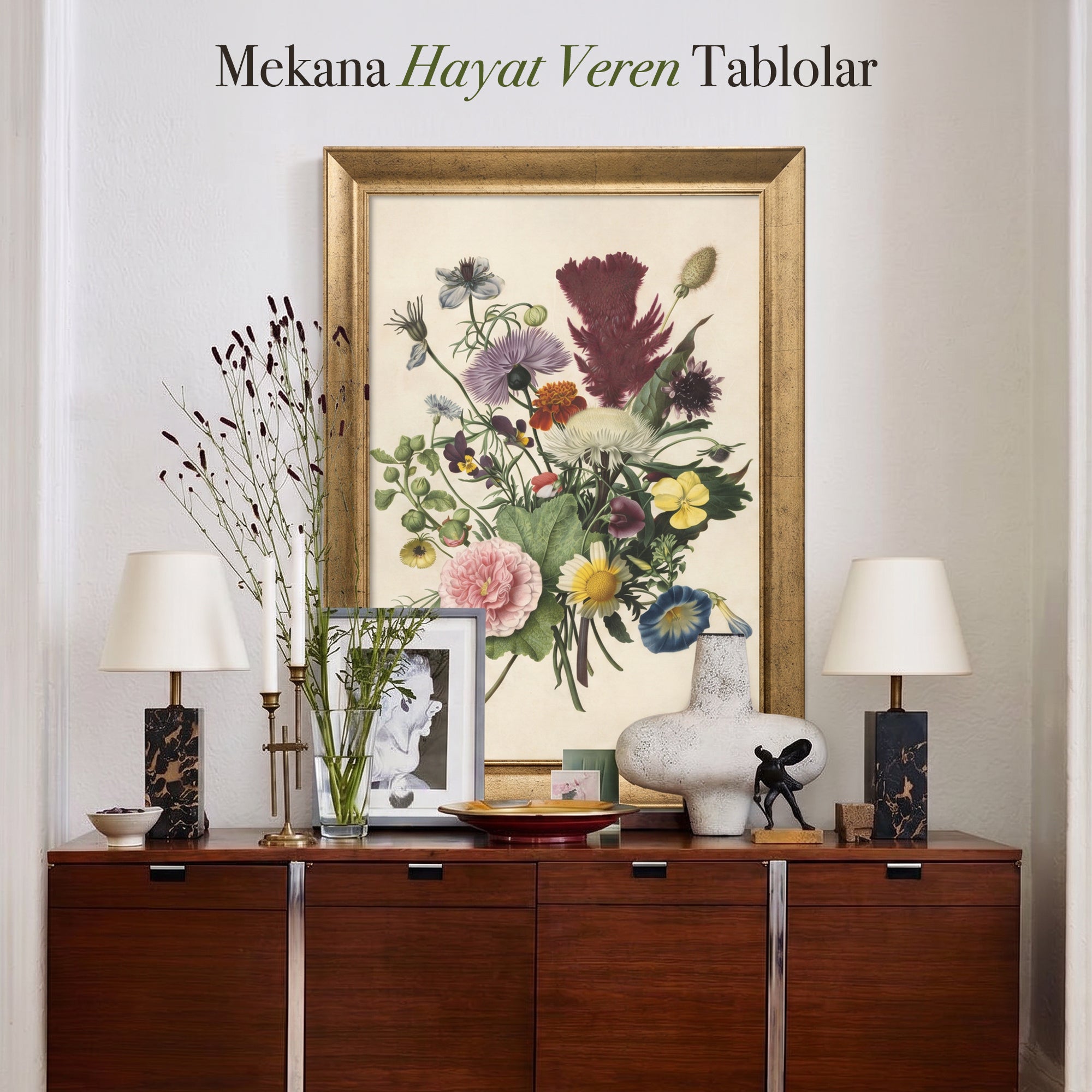 Vintage Kır Çiçekleri Kanvas Tablo – Botanik Buket Dekoratif Duvar Tablosu