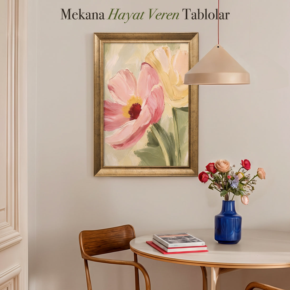 Pembe ve Sarı Çiçekler Kanvas Tablo – Pastel Fırça Dokulu Modern Floral Tablo