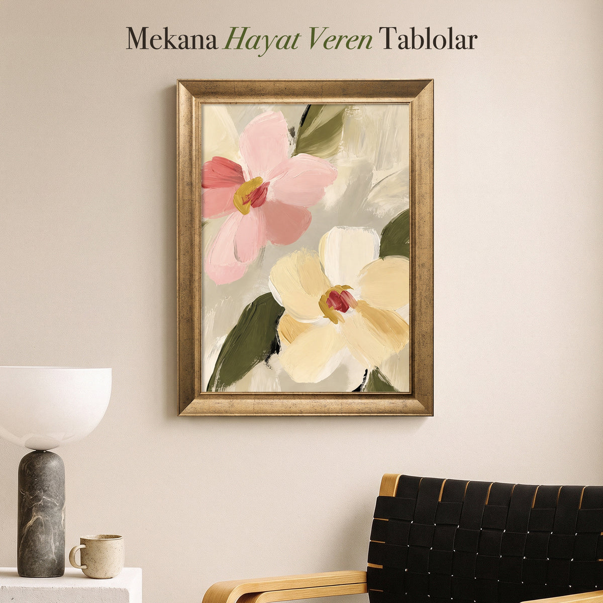 Pastel Çiçekler Kanvas Tablo – Modern Fırça Dokulu Floral Tablo