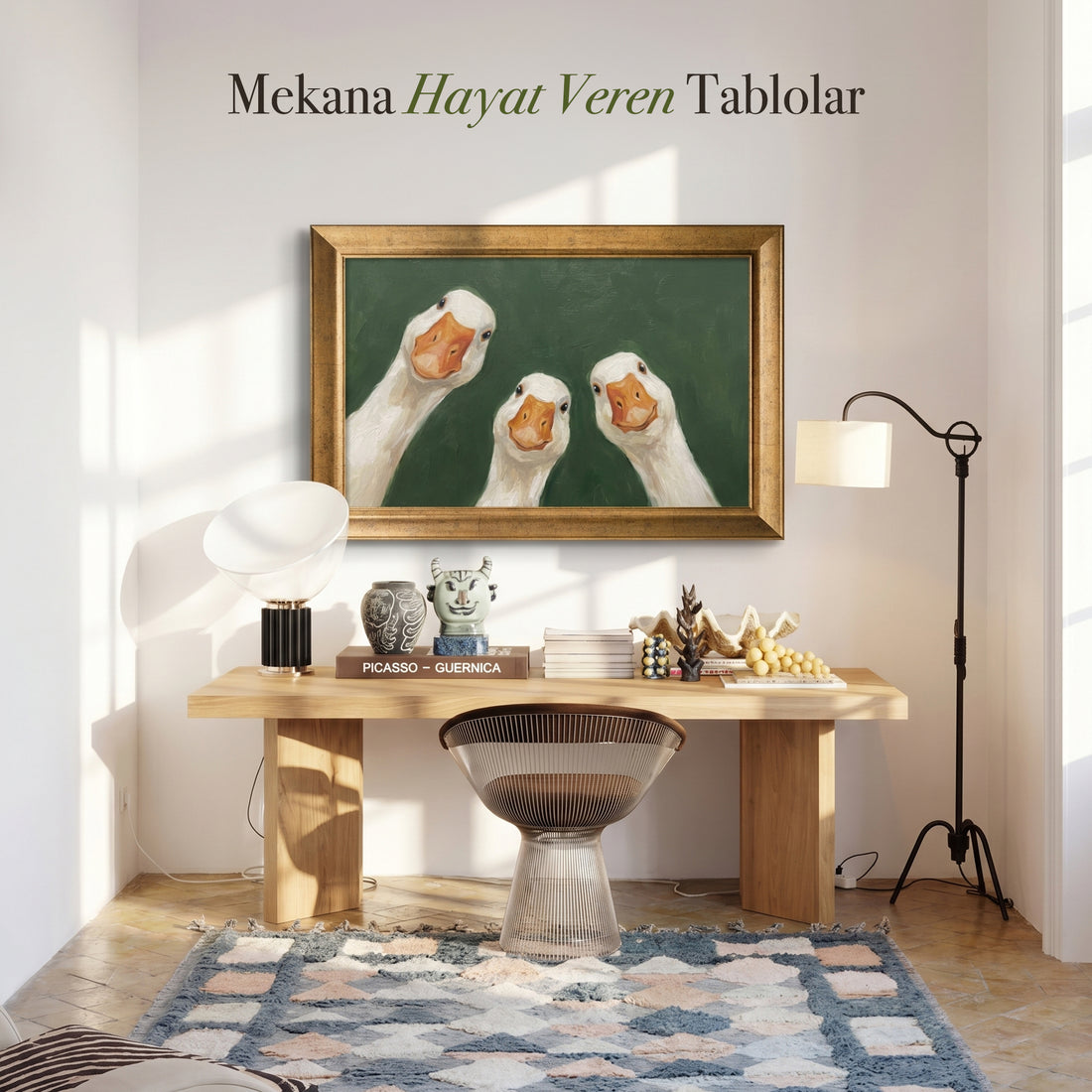"Meraklı Üç Beyaz Kaz" Kanvas Tablo