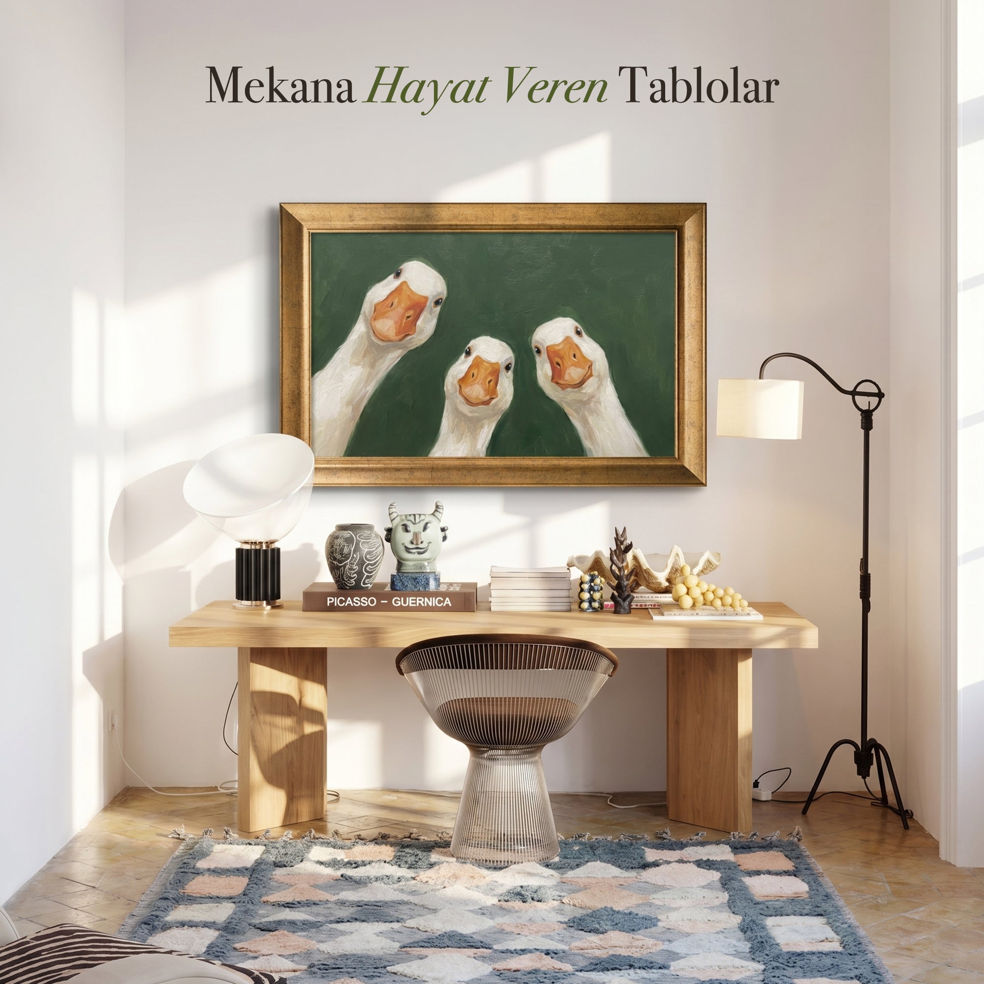 "Meraklı Üç Beyaz Kaz" Kanvas Tablo