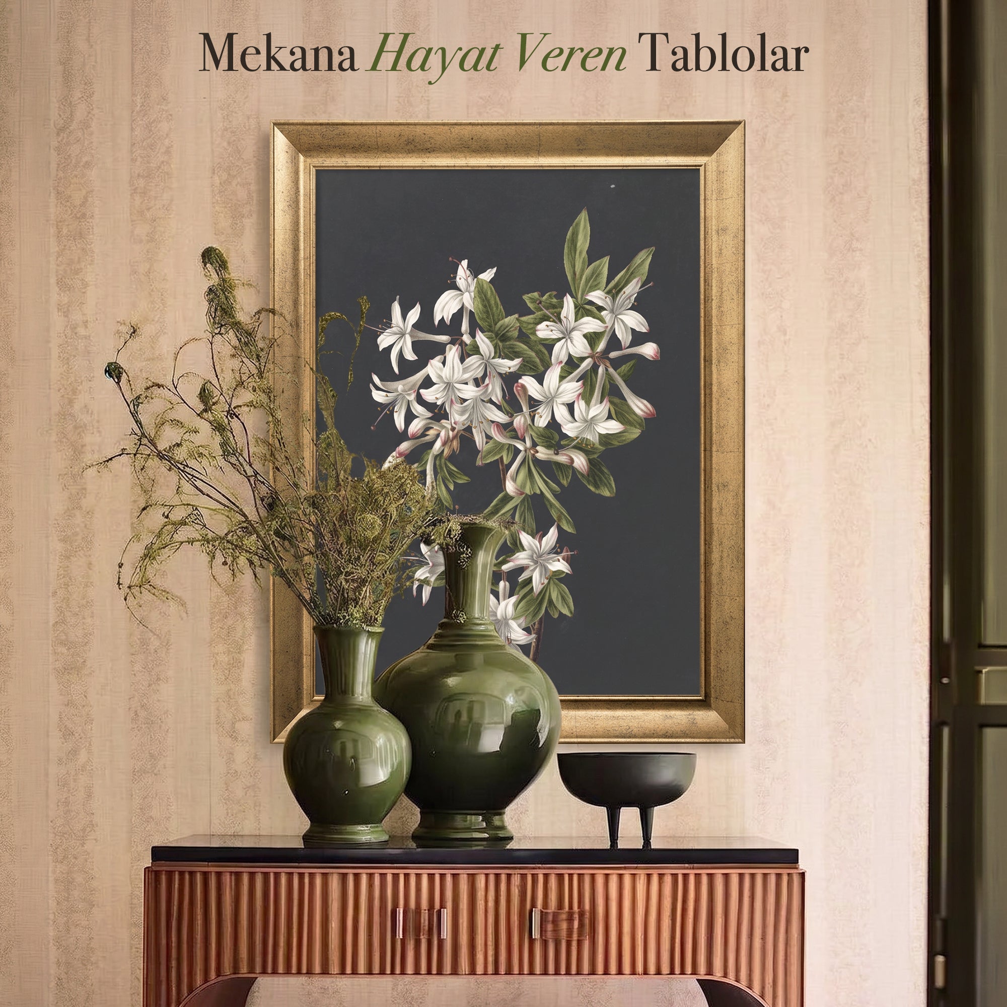 Siyah Zeminde Beyaz Çiçekler Kanvas Tablo – Vintage Botanik Dekoratif Duvar Tablosu